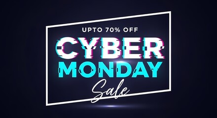 Obraz premium Cyber monday sale banner with glitch effect and up to 70% off offer