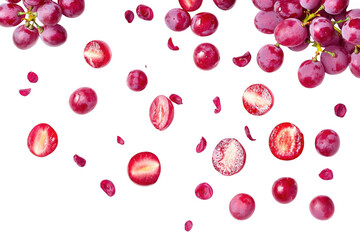 A arrangement of fresh red grapes and sliced pieces scattered on a clean white surface. highlighting their juicy texture and natural colors. ideal for food photography and healthy lifestyle concepts