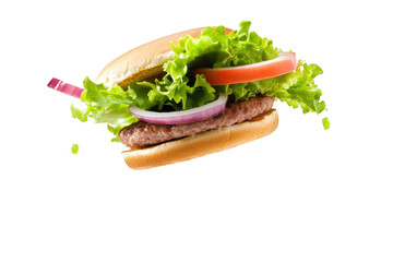 A delicious floating hamburger featuring fresh lettuce. tomato. and onion. set against a clean white background. ideal for food advertising or culinary presentations