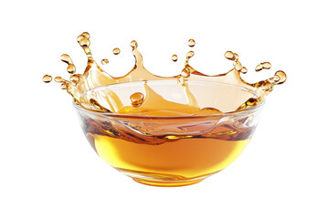 A close-up view of a glass bowl filled with golden liquid. capturing dynamic splashes as it interacts with the surface. set against a pristine white background. ideal for culinary or beverage-related