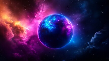 Obraz premium A glowing planet shows a mixture of blue and purple nebulas against a backdrop of stars and cosmic dust.