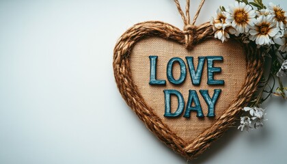 Rustic heart decor featuring 'LOVE DAY' and daisies on a white background. Perfect for Valentines, engagement, or wedding themed design projects.