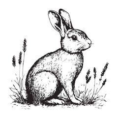 Hare, rabbit, sketch. Vintage retro print, wild hare, farm rabbit sketch ink pencil style drawing, linear drawing, engrave old school. Sketch artwork silhouette wild hare, farm rabbit. Illustration