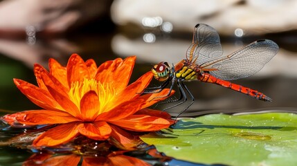 Dragonfly feeding on vibrant water lily in tranquil pond nature photography macro view serene environment