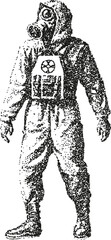 Ornate vintage gas mask on a person with patterned clothing, created in a detailed stipple vector art style. Perfect for post-apocalyptic, steampunk, or dystopian survival concepts.
