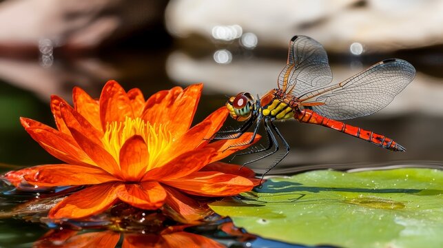 Dragonfly feeding on vibrant water lily in tranquil pond nature photography macro view serene environment - Powered by Adobe