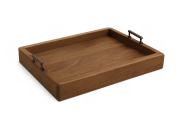 Wooden serving tray with dark metal handles. Product for kitchens, homes, cafes, and restaurants, facilitating easy transport. Transparent background