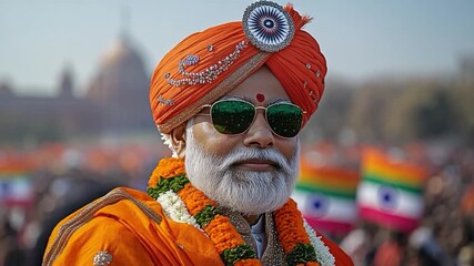A man wearing a turban and sunglasses standing at a rally, likely for a social or political cause