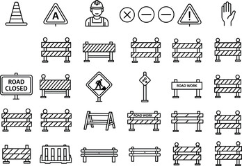 Road work icons set, construction barrier outline vector, traffic safety sign collection, street repair symbol, warning barricade line art, isolated industrial design element ©  Alexander Creations