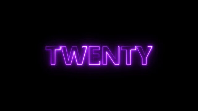Glowing Purple Neon Sign T W E N T Y Text Animation Dark Background Futuristic Number Celebration