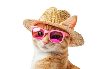 A stylish orange cat wearing pink sunglasses and a straw hat. posing confidently against a white background. perfect for summer-themed pet photography or lifestyle content