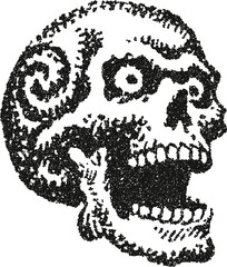 Fototapeta premium Screaming skull in profile view, rendered in a grainy, abstract stipple vector style with ornamental details. Great for heavy metal, pirate themes, or tattoo designs. 