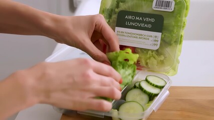 Woman placing crisp lettuce, ripe tomatoes and sliced cucumbers into a reusable lunch container, meal prepping a fresh, colorful salad for healthy, balanced eating on the go