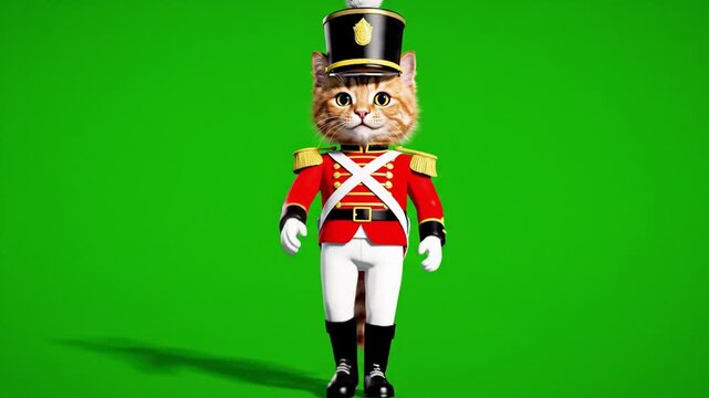 High-Quality 3D Animated Cat Character Dressed as a Nutcracker Toy Soldier Marching Forward on Green Screen Background for Commercial Use.