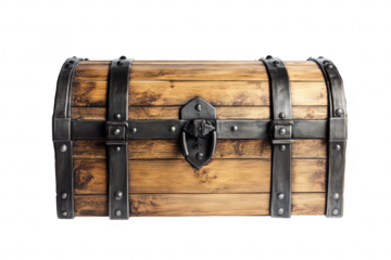 A beautifully crafted wooden treasure chest with metal accents. placed on a clean white background. ideal for use in fantasy themes. storytelling. or as a decorative item