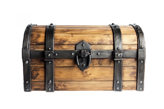 A beautifully crafted wooden treasure chest with metal accents. placed on a clean white background. ideal for use in fantasy themes. storytelling. or as a decorative item