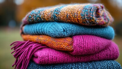 Stack of folded colorful knitted sweaters, outdoor in autumn season. Great for warm clothing designs, comfort, and seasonal product ads.