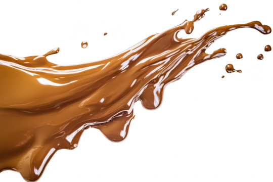 A dynamic splash of rich brown paint gracefully arcs across a white background. fluid motion and color. ideal for artistic projects or design concepts