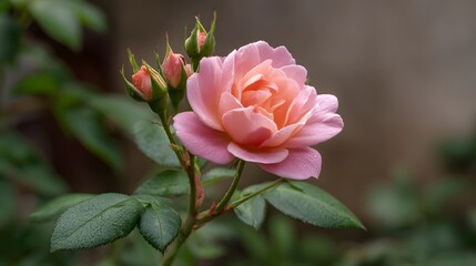 Obraz premium A delicate pink rose with dew drops and buds in a garden