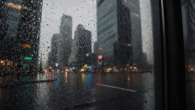 Rainy city view through a window