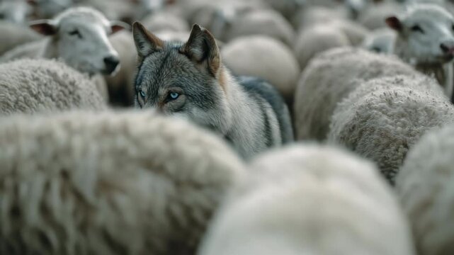 Wolf sheep flock predator pasture camouflage tension alert herd contrast gaze sneaky