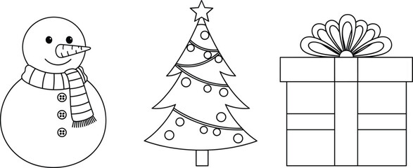 Christmas line art icons, vector snowman with scarf, decorated tree and gift box, isolated black and white winter holiday symbols collection