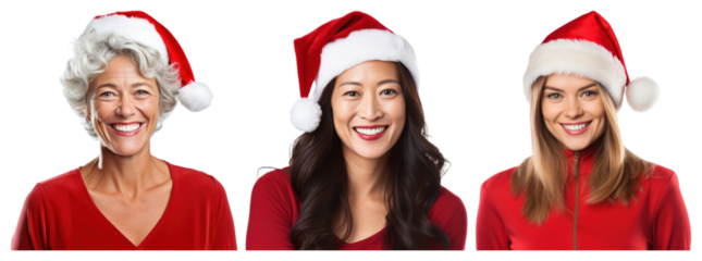 PNG Festive women wearing Santa hats, element set on transparent background