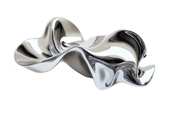 A sleek. modern. abstract metallic sculpture with flowing curves and reflective surfaces. set against a minimalist white background. innovative design and artistic expression