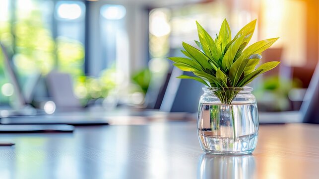 A small green plant in a clear glass jar filled with water sits on a wooden table, with a blurred office environment in the background.