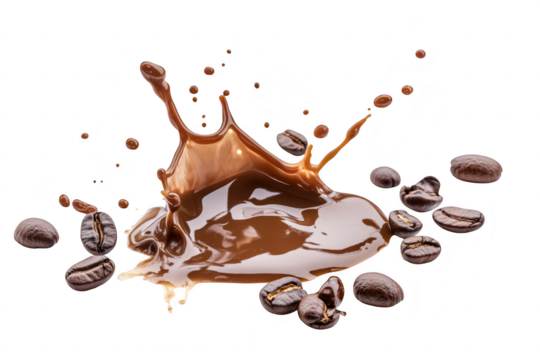 A dynamic splash of rich chocolate surrounded by scattered coffee beans. creating an enticing visual of indulgence and flavor. perfect for culinary or beverage-related themes