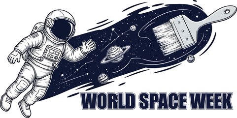 World space week illustration with astronaut painting the universe