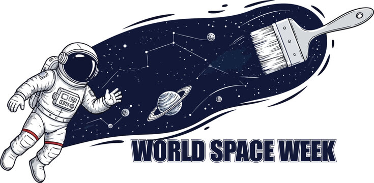 Astronaut painting the universe for world space week isolated on white background - Powered by Adobe