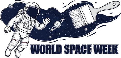 World space week illustration with astronaut and brush painting galaxy