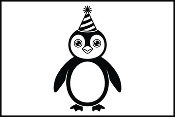 Cute cartoon penguin illustration wearing a striped party hat. isolated on white background, Vector
