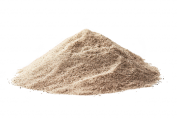 A close-up view of a mound of fine. brownish sand resting on a clean white background. its texture and color. ideal for use in design. educational materials. or landscaping
