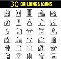 Building Icon Set | Modern Architecture Outline Pack | Minimal Vector Construction Symbols