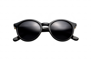A stylish pair of black sunglasses with a round frame. elegantly displayed on a clean white background. perfect for fashion-focused advertisements or lifestyle content