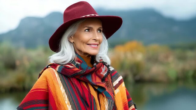 Woman wearing a colorful poncho and hat stands by a serene lake in the mountains during a cloudy day
