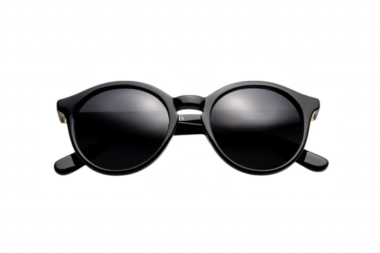 A stylish pair of black sunglasses with a round frame. elegantly displayed on a clean white background. perfect for fashion-focused advertisements or lifestyle content