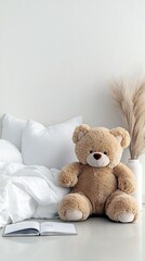 A large, fluffy teddy bear sits on a clean floor next to a white bed, with an open book placed in front of it.