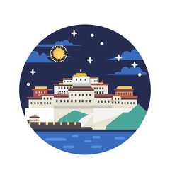 Obraz premium Panorama of Potala Palace at night (Tibet). The history of the palace reaches back to 1645. Back then the 5th Dalai Lama started the construction. 