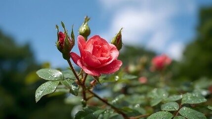 Close up of a vibrant pink rose in full bloom surrounded by buds and glistening dew drops set against a clear blue sky