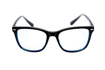 Fototapeta premium A close-up view of stylish black eyeglasses with blue accents. set against a clean white background. modern eyewear design suitable for fashion and optical needs