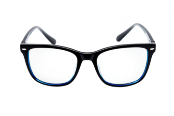 A close-up view of stylish black eyeglasses with blue accents. set against a clean white background. modern eyewear design suitable for fashion and optical needs