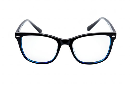 A close-up view of stylish black eyeglasses with blue accents. set against a clean white background. modern eyewear design suitable for fashion and optical needs