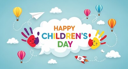 Happy childrens day banner with handprint, balloon and cloud on blue background