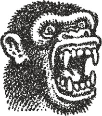 Roaring monkey head with bared fangs, rendered in an aggressive stipple vector style. A powerful primate monster or angry ape face for intense design concepts.
