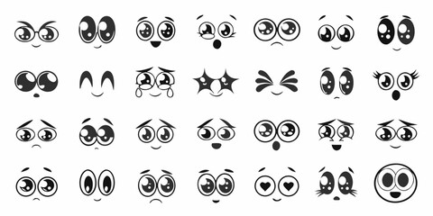 Set of cartoon eyes and mouths with various emotions in black and white © Bipul