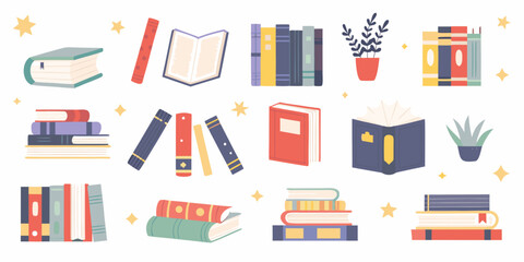 Collection of illustrated books and plants in a flat design style on white background