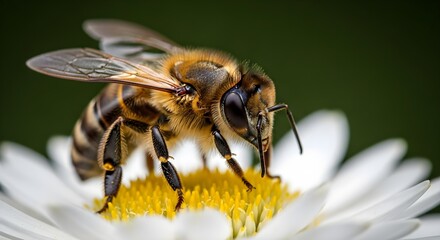 A honeybee collecting pollen on a daisy